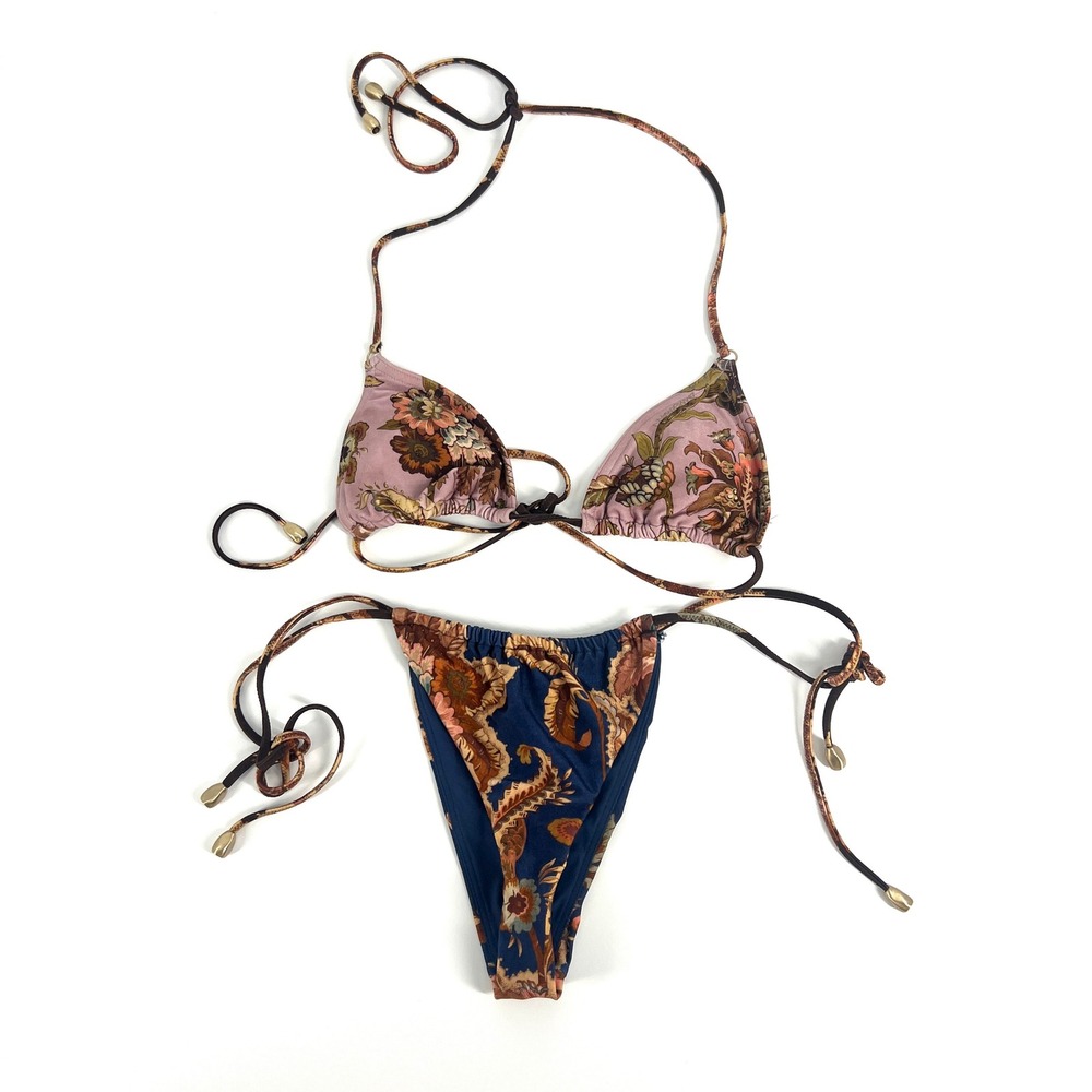 Zimmermann Floral Paisley Triangle Bikini Set Navy Mauve Gold Hardware Two Piece
